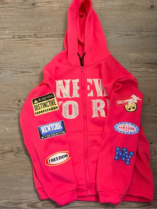 Jackets & Blazers - Kids Neon Pink Zip-Up Hoodie Jacket with New York Patches